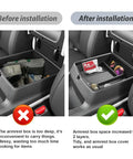 Before and after installation of Kia Carnival 2025 2026 Center Console Organizer Tray With Coin Holder And Armrest Storage Box