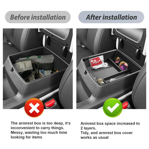 Before and after installation of Kia Carnival 2025 2026 Center Console Organizer Tray With Coin Holder And Armrest Storage Box