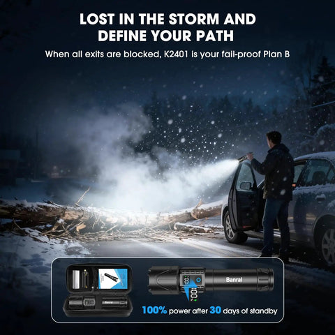 Person using Beast Bright Rechargeable Tactical Flashlight 2000 Lumens, 5000mAh USB-C Powered LED Light in snowy conditions.