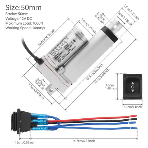 Diagram of Beefy 12V Linear Actuator With 50 To 400mm Adjustable Stroke, 14mm Per Second, 1000N Lift, IP54 Waterproof and switch.