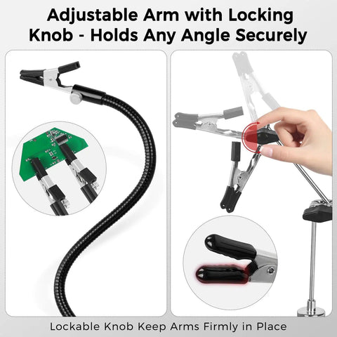 Close-up of adjustable arm with locking knob and clamp on Go-To Hands-Free Soldering Station, PCB holder securing component.