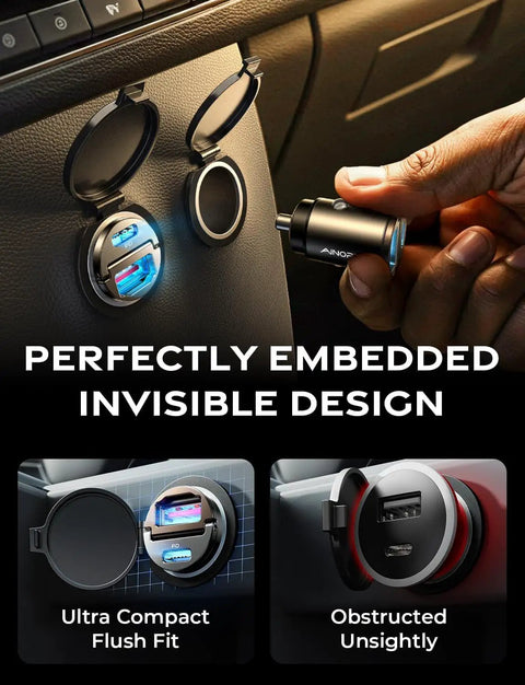 High Performance 90W Dual Usb C Car Charger PD QC Fast Charging Adapter in a car socket with flush fit design