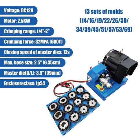 Professional Electric Hydraulic Hose Crimper And Swaging Tool For Quick 1/4 To 2 Inch Fittings with 13 alloy dies on blue base.