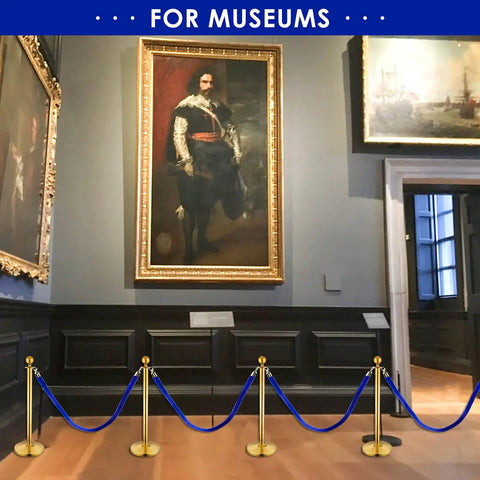 Museum display with Blue Velvet Stanchion Rope With Polished Gold Hooks 4 Pack Crowd Control Barrier Ropes