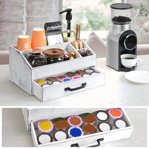 Rustic White Coffee Bar Organizer With Drawer All In One Setup Three Compartments And Deep Storage For Pods Tea Sugar Sticks Straws And Cups Farmhouse Kitchen Counter Organizer And Decor with coffee pods and accessories