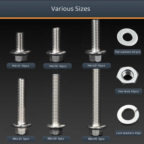 M6 Flange Hex Bolts Assortment Kit 180 Pieces Carbon Steel Metric Flange Head Fasteners With Nuts 12mm To 45mm Lengths DIY