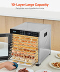 Straight Up Top Shelf Electric Food Dehydrator with 10 stainless steel trays holds dried fruits and jerky on shelves.