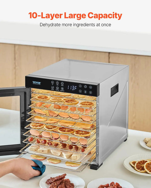 Straight Up Top Shelf Electric Food Dehydrator with 10 stainless steel trays holds dried fruits and jerky on shelves.
