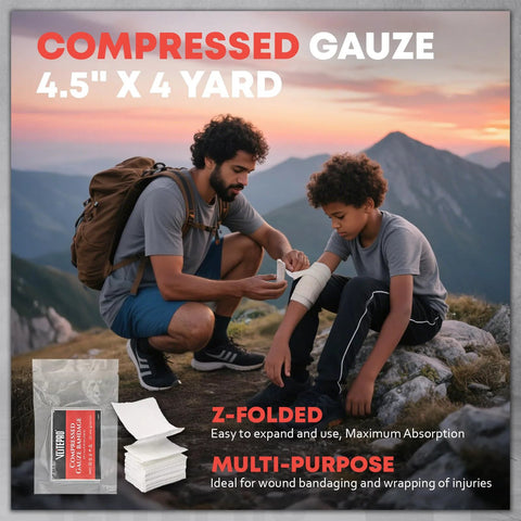 Compressed gauze 4.5" x 4 yd with sterile pads; man bandaging a boy's forearm outdoors.