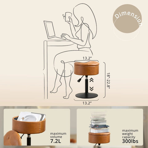Dimensions of 360 Degree Swivel Vanity Stool With Hidden Storage, Adjustable Height From 18 To 23 Inches, Whiskey Brown Faux Leather Chair
