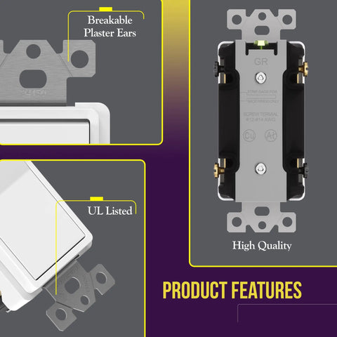 Four Way Decorator Paddle Rocker Light Switch With Clamp Down Wiring Copper Terminals Grounding Screw Residential Grade 15A 120V And 277V UL Listed White Shallow Body Design