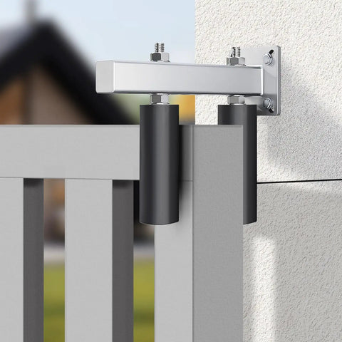 Close-up of Beefy 6 Inch Sliding Gate Guide Roller With UHMW Nylon Rollers And Steel Bracket Adjustable Range Five Point Five Inches