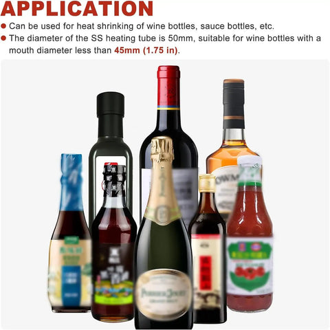 Various bottles suitable for use with GazogJ Adjustable Heat Shrink Gun 1600W for wine bottle capsule shrinking.