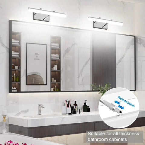 Modern bathroom with LED Vanity Lights 15.7 Inch Adjustable Bathroom Wall Light Over Mirror Chrome Modern Vanity Lighting, showing retractable rods.