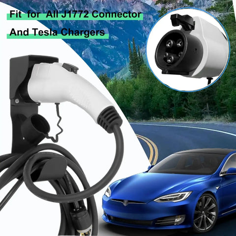 Heavy Duty EV Charger Holder Kit With J Hook Cable Organizer Wall Mount Nozzle Dock For SAE J1772 Tesla, white connector with black mount.