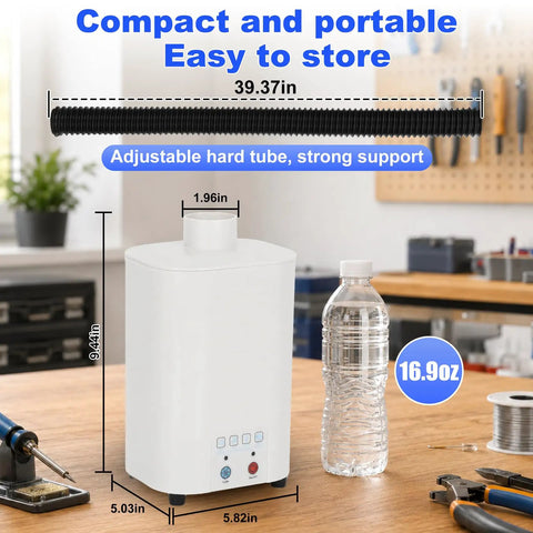Heavy Duty Solder Fume Extractor Pulling Hella Clean Air With 128 To 168 Cubic Meters Per Hour Flow and triple stage filtration on workspace.