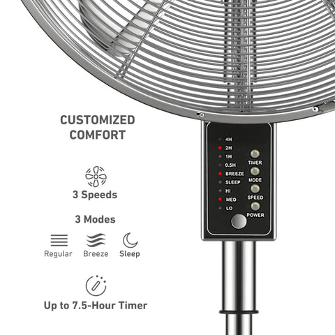 Control panel of 16 Inch Chrome Digital Metal Stand Fan With 3 Speed Settings, 75 Degree Oscillation, 20 Degree Head Tilt, Adjustable Height