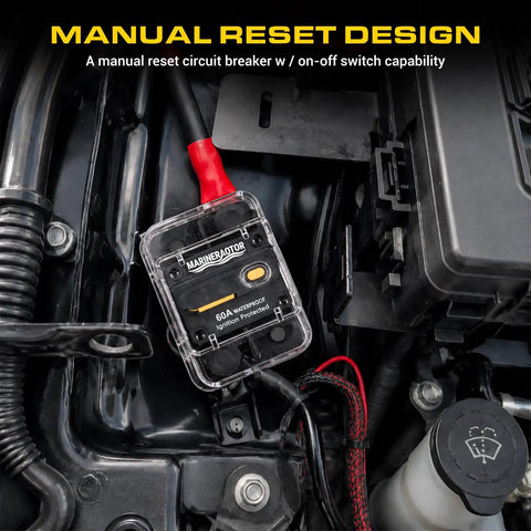 Hella Heavy Duty Built Rugged 60Amp Marine Circuit Breaker With Waterproof Sealed Cover Battery Disconnect Switch mounted in vehicle.