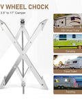 X Style Tandem Axle RV Stabilizer Wheel Chocks Pair For Travel Trailer And Camper, fits 3.5 to 17 inches, shown with trailers
