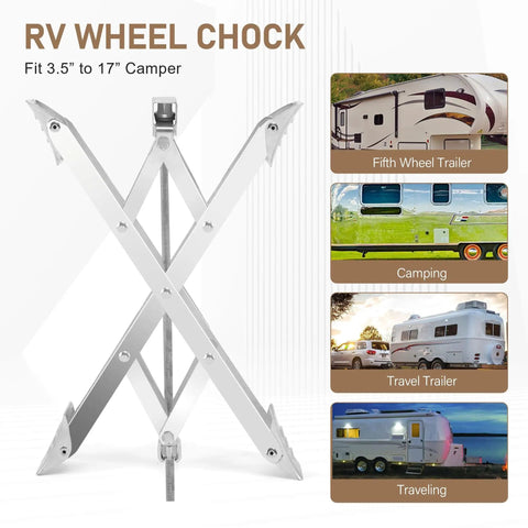 X Style Tandem Axle RV Stabilizer Wheel Chocks Pair For Travel Trailer And Camper, fits 3.5 to 17 inches, shown with trailers