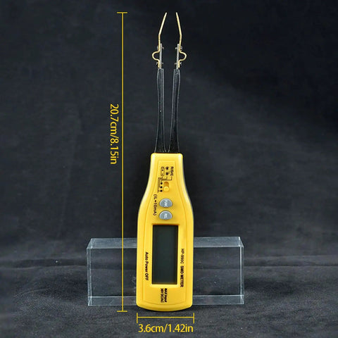 Digital Multimeter With LED Clip Probes For Non Solder Testing, Handy PCB Repair Tool, yellow, front view with dimensions