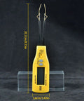 Yellow handheld digital multimeter for electronics testing with LED and diode check, standing upright with clear display.