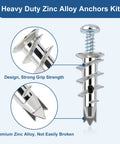 Close-up of Premium Zinc Self Drilling Drywall Anchors And Screws Kit With 116 Pieces showing zinc alloy construction and design.