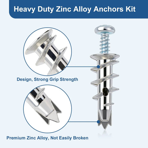 Close-up of Premium Zinc Self Drilling Drywall Anchors And Screws Kit With 116 Pieces showing zinc alloy construction and design.