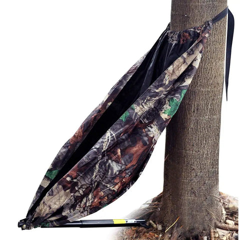 Camouflage Hammock Style Camping Chair That Hangs From Trees No Fuss Setup In Seconds Lightweight Portable Hunting Gear for outdoorsy hunters and camp lovers supports up to 330 pounds, shown attached to a tree.