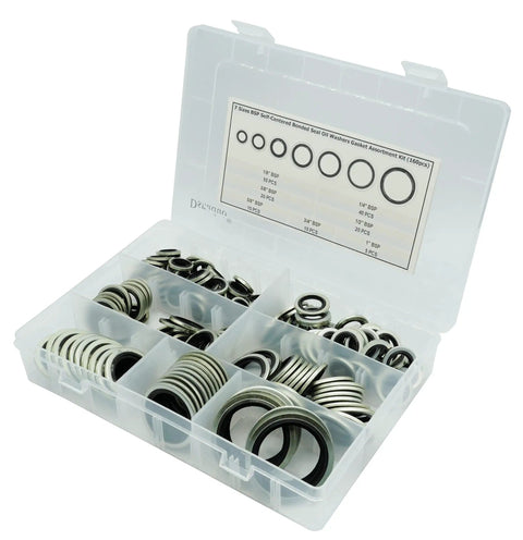 Oil Washer And Gasket Kit 160Pcs With Seven Sizes Dowty Self Centered Bonded Seal Washers In Plastic Box Pro Grade Automotive Bearings And Pumps Replacement From One Eighth Inch To One Inch
