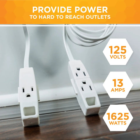 Flat Plug Sofa Power Cord With Six Outlets Total, Two Six Foot Cords, 16 Gauge Grounded Three Prong Plug, White Cable That Blends With Wall, Space Saving For Couches And Media Setups