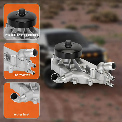 Durable Engine Water Pump With Thermostat Direct Fit For Chevy Silverado 4.8L 5.3L And 6.0L Engines 1999-2006 And Cadillac 2002-2006 Replacement AW5087 12569519 19195104 252845 showing front view with labels for integral shaft bearings, thermostat, and water inlet.