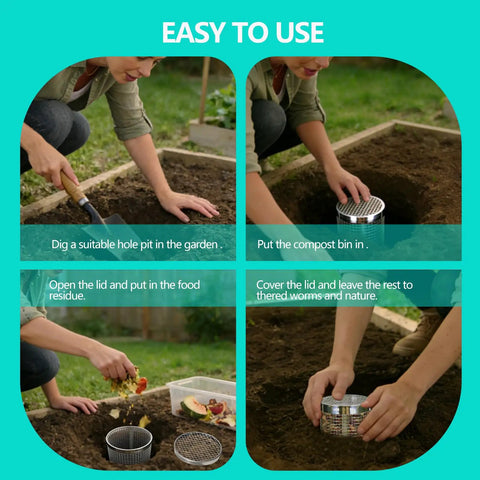 Two Pack Underground Worm Composting Bin With Gardening Gloves For Family Garden Outdoor Use Stainless Steel Round Composter setup