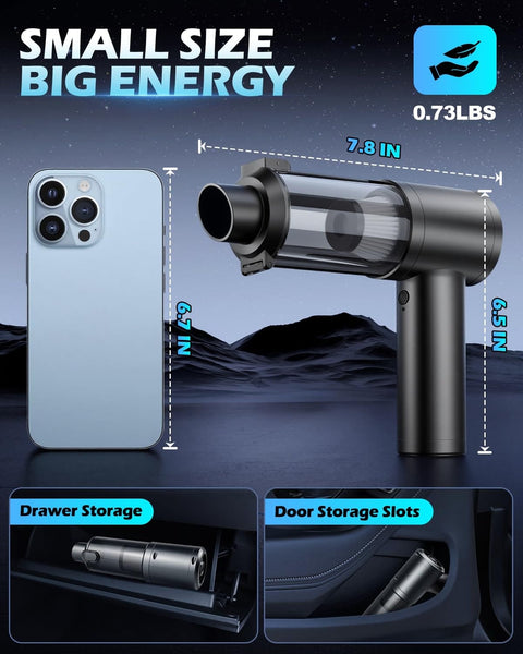 Cordless Handheld Car Vacuum With 15000Pa Beast Suction Brushless Motor 7 In 1 Cleaning Kit Type C Charge beside smartphone