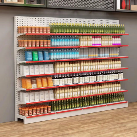 Beefy Five Tier Heavy Duty Steel Storage Shelf Rock Solid Rack For Kitchen Garage Or Retail Use With Foolproof Adjustable Levels Holding Ninety Kilograms Per Tier In Clean White Finish For No Fuss Home Organizing filled with various beverages and products.