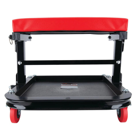 Front view of Foldable C Frame Creeper Rolling Work Seat With Tool Tray For Mechanics In Garages And Shops Black Red 12 and a Half Inch Height