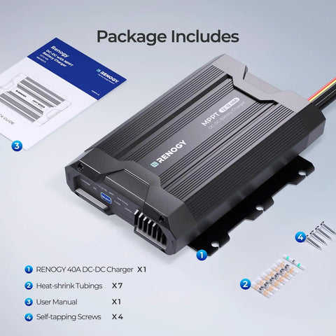 DC To DC MPPT Battery Charger 12V 40A 670W Dual Charging For RV And Marine Use package contents with charger, manual, and screws.