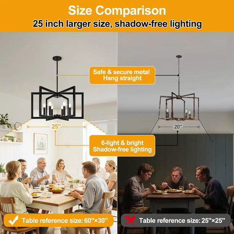 Height Adjustable Matte Black Chandelier Six Light 25 Inch Modern Industrial Dining Room Pendant Light with size comparison