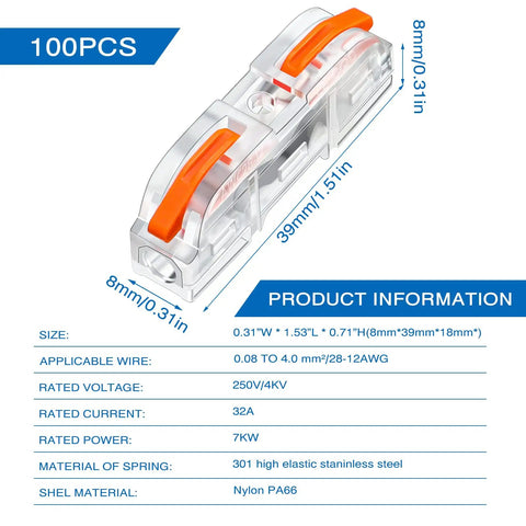 Tough Orange Lever Wire Connectors 100 Piece Slick Push Terminal Block Kit For 28 To 12 Gauge Stranded Solid Core Electrical Wiring Gear Quick Clamp Design Flame Shield, transparent design, dimensions displayed.
