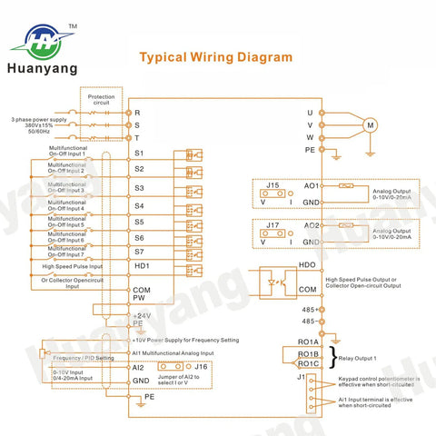 Variable Frequency Drive wiring diagram for motor speed control and 3 phase conversion, 220V AC, RS485 ready, remote control features
