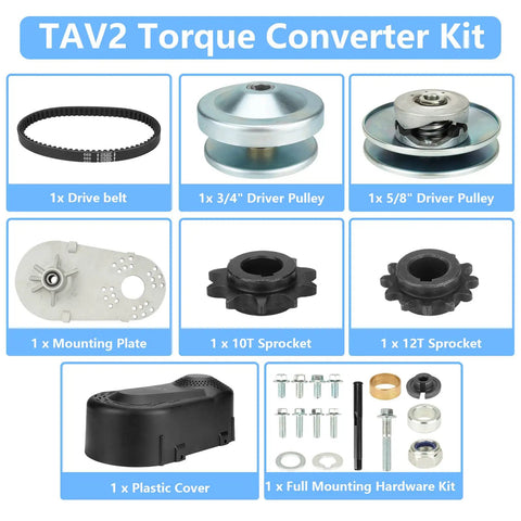 30 Series Go Kart Torque Converter Clutch Kit with pulleys, sprockets, belt, mounting plate, cover, hardware for small vehicles and mowers