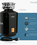 Host Series 3/4 HP Continuous Feed Garbage Disposal With Quiet Operation, featuring pre-installed power cord and components