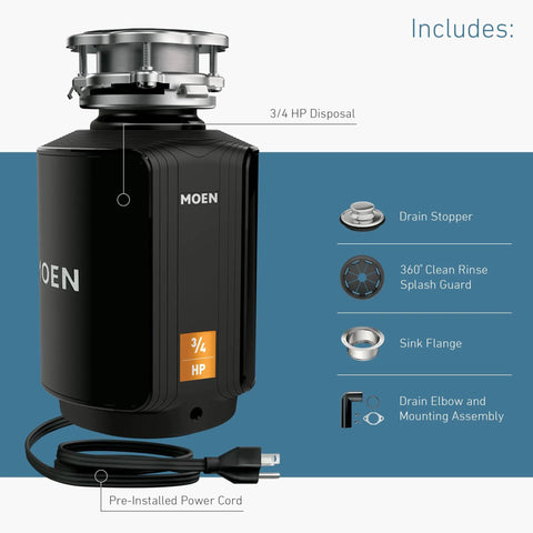 Host Series 3/4 HP Continuous Feed Garbage Disposal With Quiet Operation, featuring pre-installed power cord and components