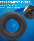 4.10/3.50-4 Replacement Inner Tube With Bent Valve Stem, 10 Inch Outer Diameter for 4 Inch Rims shown with close-up