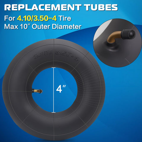 4.10/3.50-4 Replacement Inner Tube With Bent Valve Stem, 10 Inch Outer Diameter for 4 Inch Rims shown with close-up