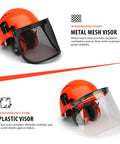 Forestry Safety Helmet With Adjustable Earmuffs And Visor, Orange Hard Hat Hearing Protection System With Metal Mesh and Plastic Visors