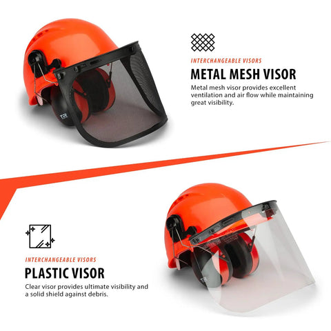 Forestry Safety Helmet With Adjustable Earmuffs And Visor, Orange Hard Hat Hearing Protection System With Metal Mesh and Plastic Visors