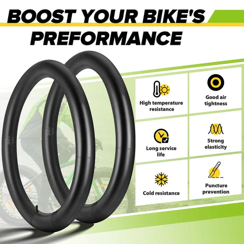 Two 2 Pack Fat Tire Bike Inner Tubes 20x3.0 20x3.3 20x3.5 With Schrader Valve And 2 Tire Levers displayed with performance features