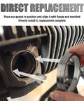 Exhaust gasket set (graphite and steel) for Harley motorcycles; close-up of 2-pack being fitted to the exhaust flange