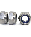 Heavy Duty M3 X 0.5mm Nylon Insert Hex Lock Nuts Forged From Grade 18 8 Stainless Steel, showcasing three sizes with blue inserts.